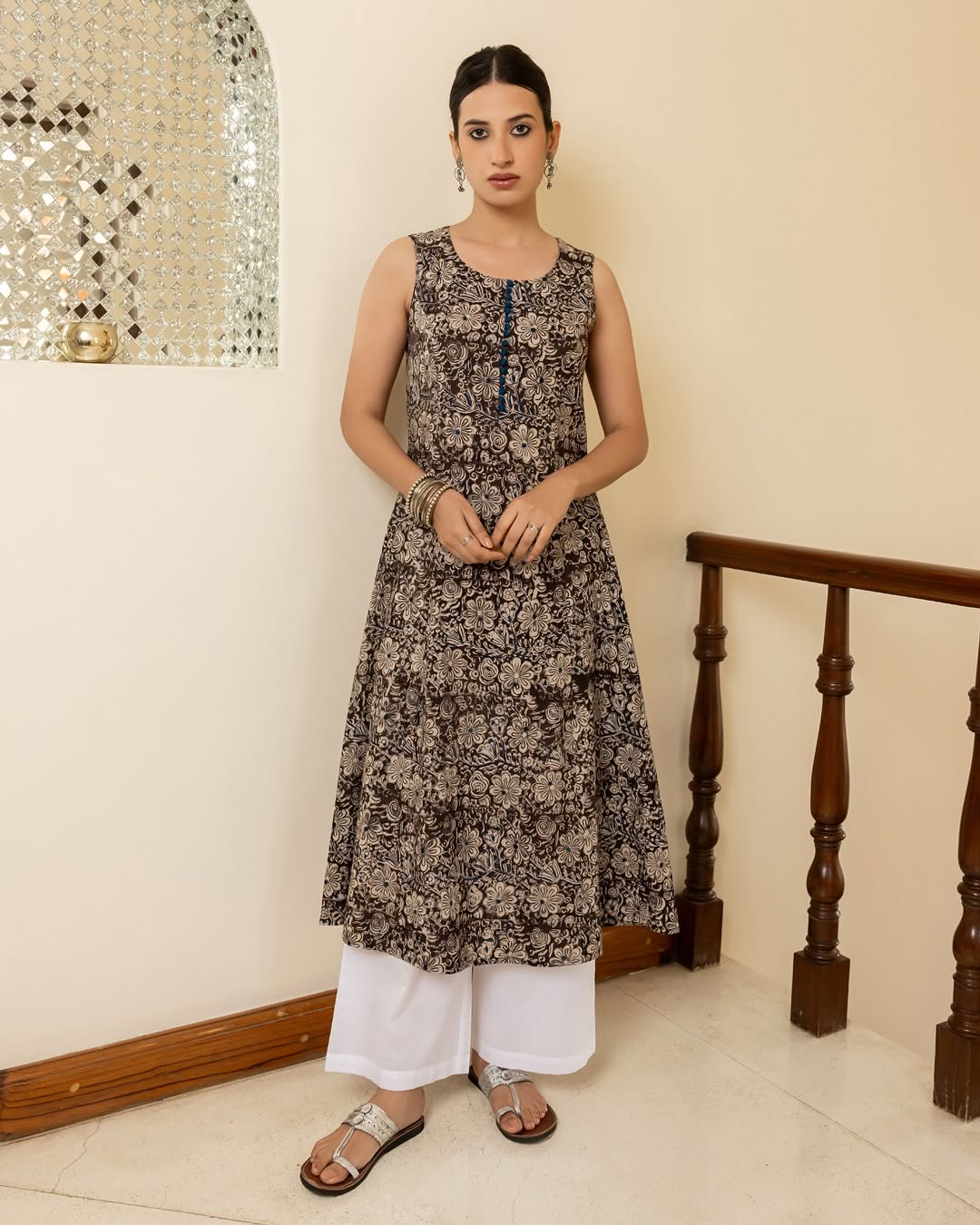 Women's Brown Floral Printed Cotton Flared Kurta