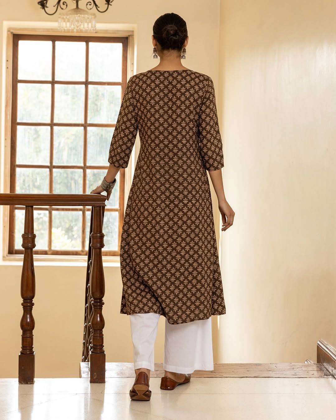 Women's Brown Floral Printed Cotton Flared Kurta