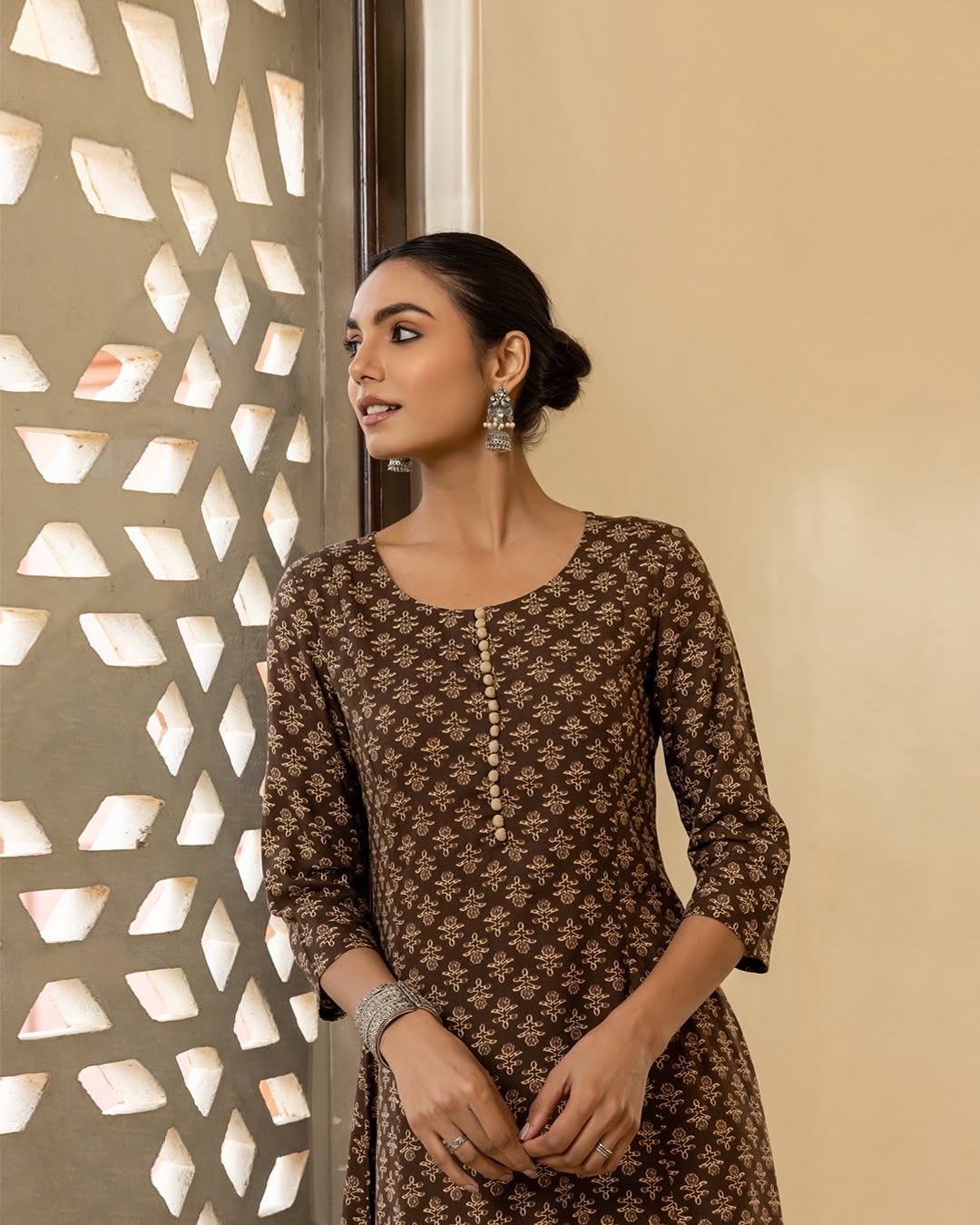 Women's Brown Floral Printed Cotton Flared Kurta