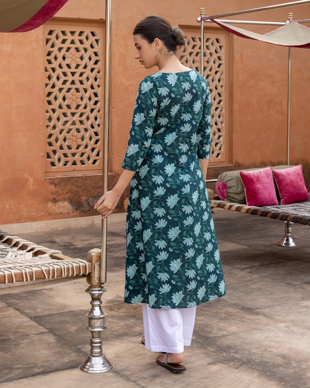 Women's Teal Floral Printed Cotton Flared Kurta