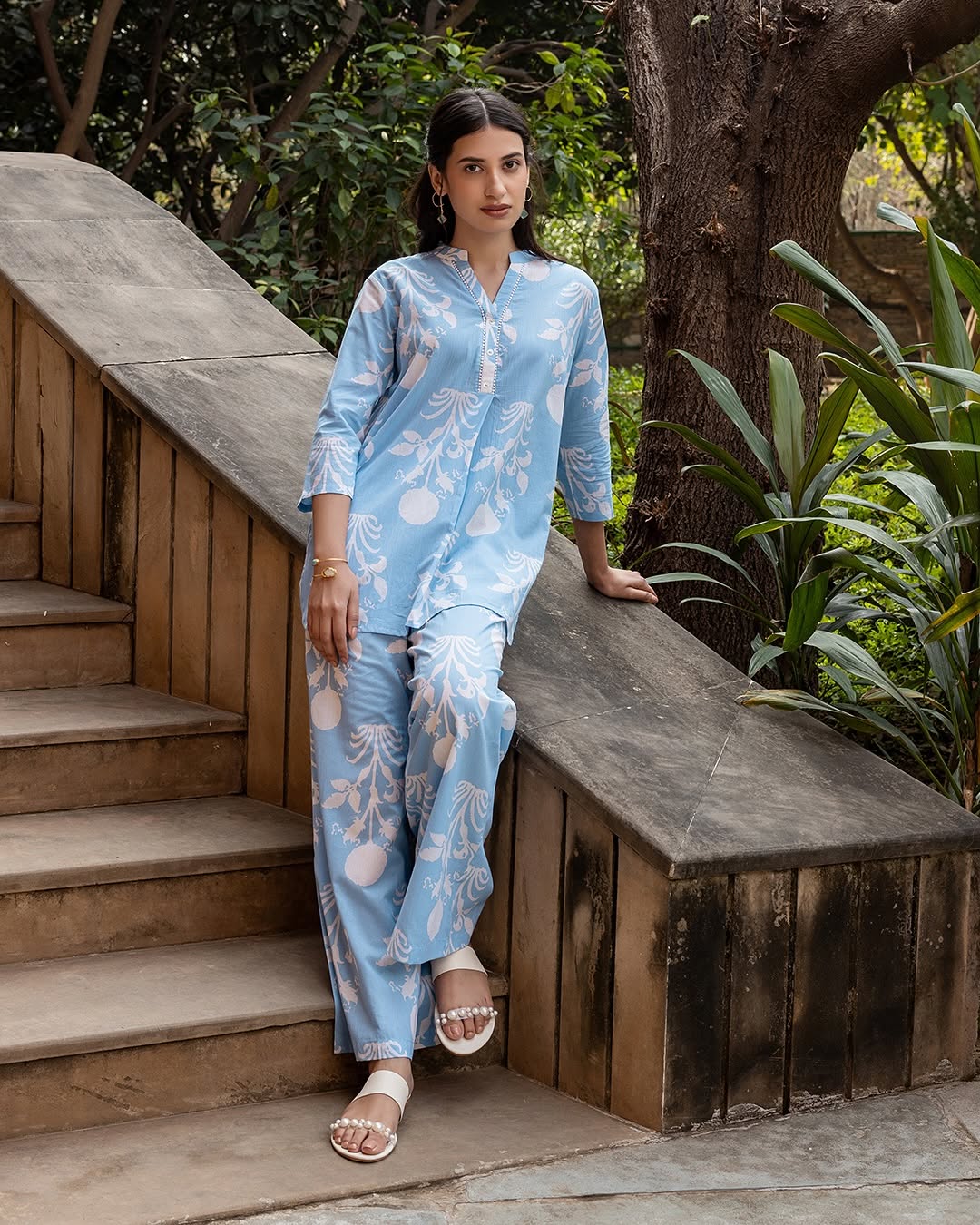 Women's Sky Blue Cotton Printed Co-ord Set