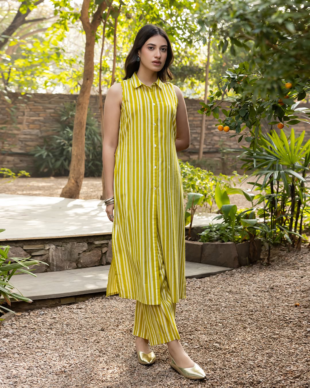Women's yellow Cotton Straight-cut Kurta Set