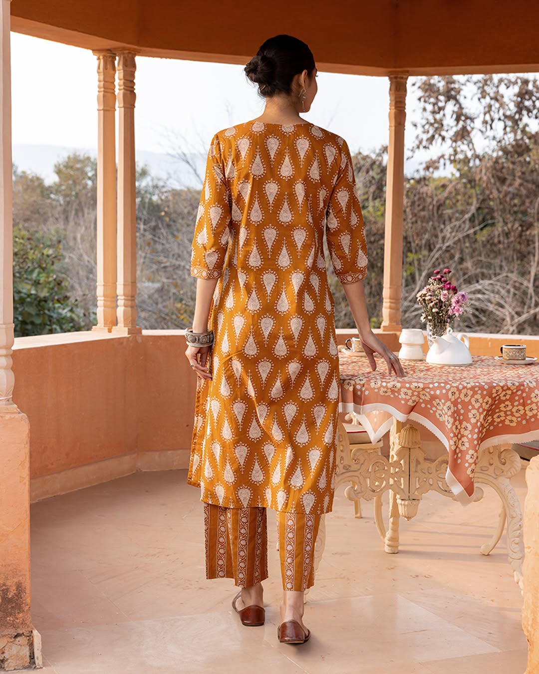 Women's Mustard Cotton Printed Straight-Cut Kurta Set