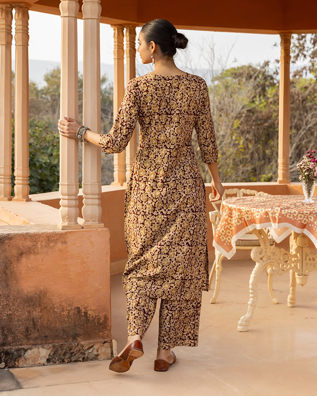 Women's Maroon Floral Print Cotton Straight Kurta Set