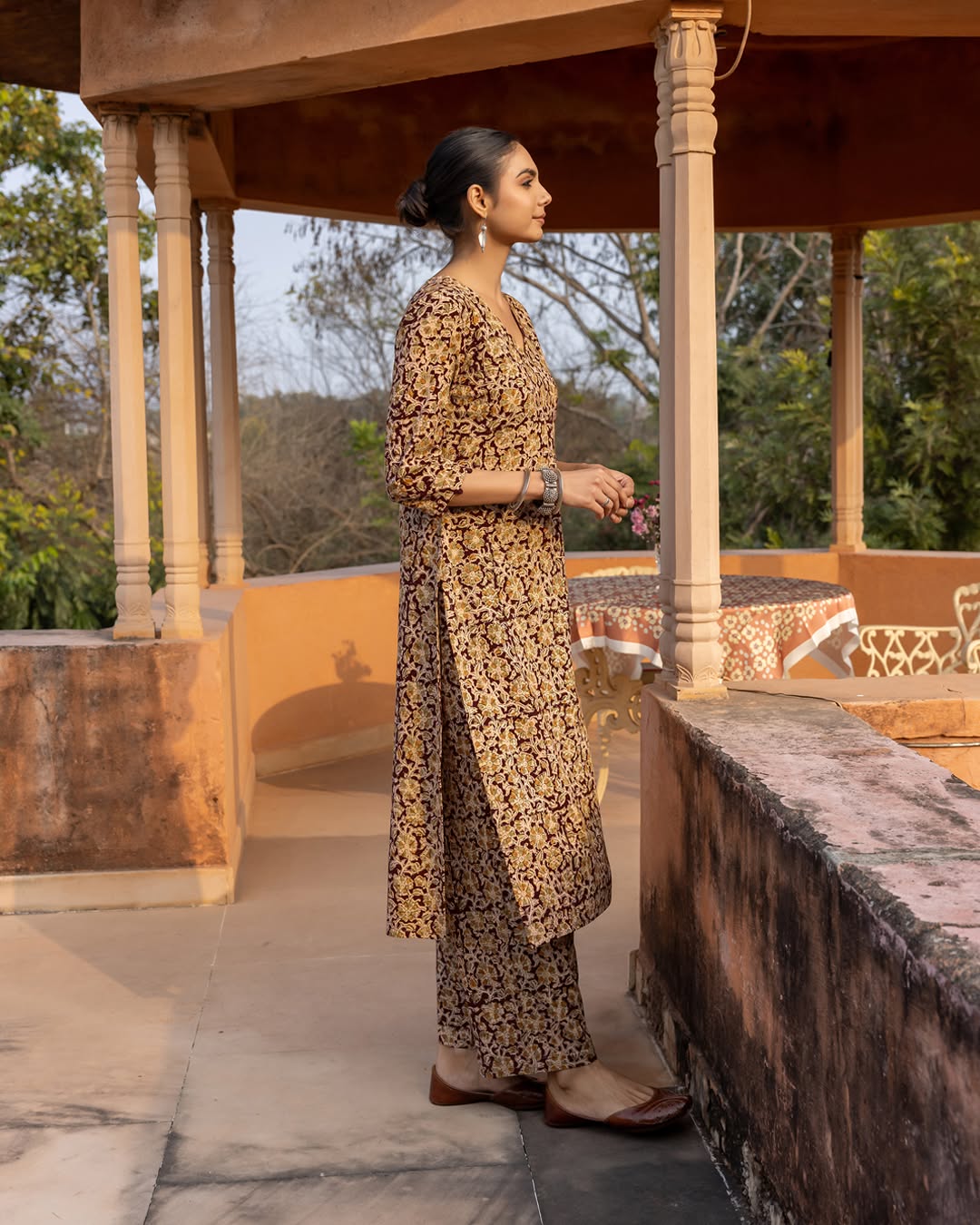 Women's Maroon Floral Print Cotton Straight Kurta Set