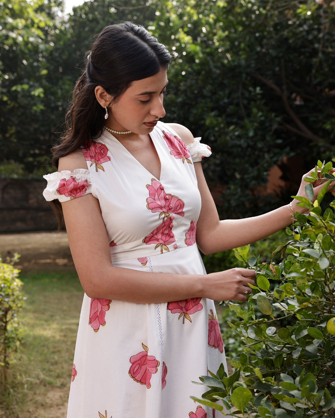 Women's White Floral Print Cotton Midi Dress