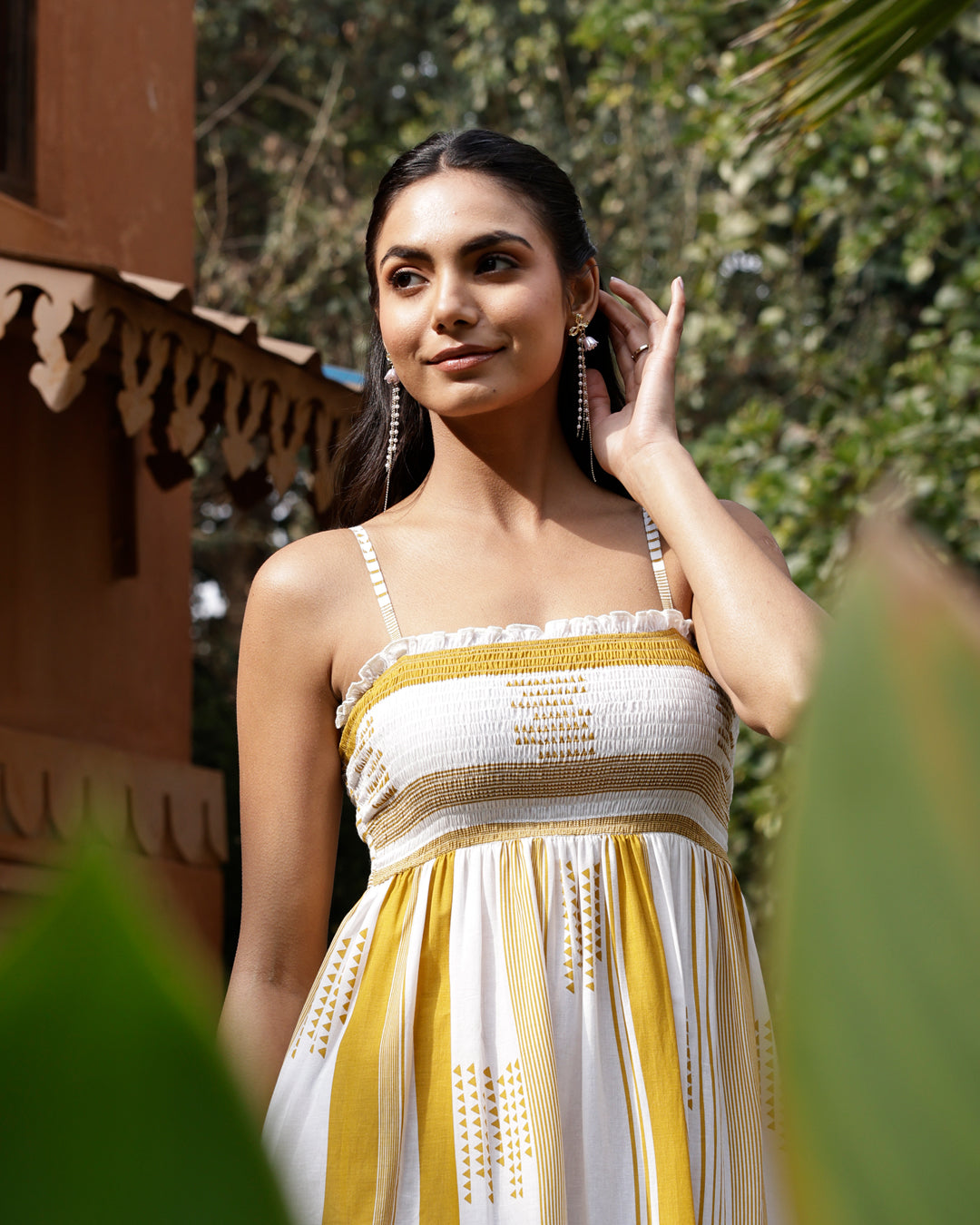 Women's Mustard Striped Cotton Midi Dress