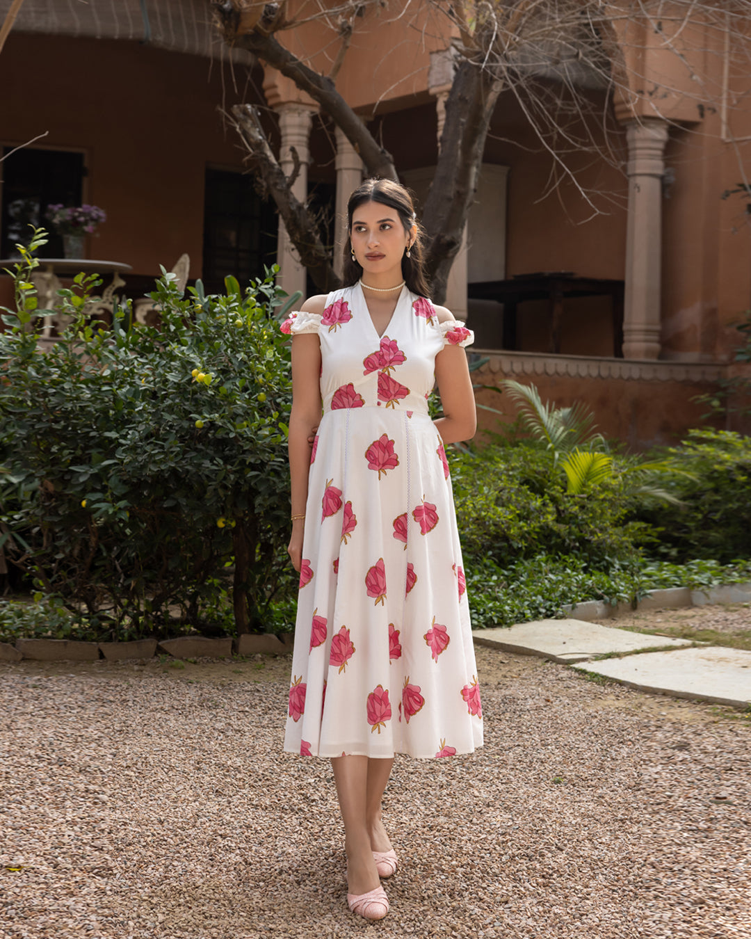 Women's White Floral Print Cotton Midi Dress