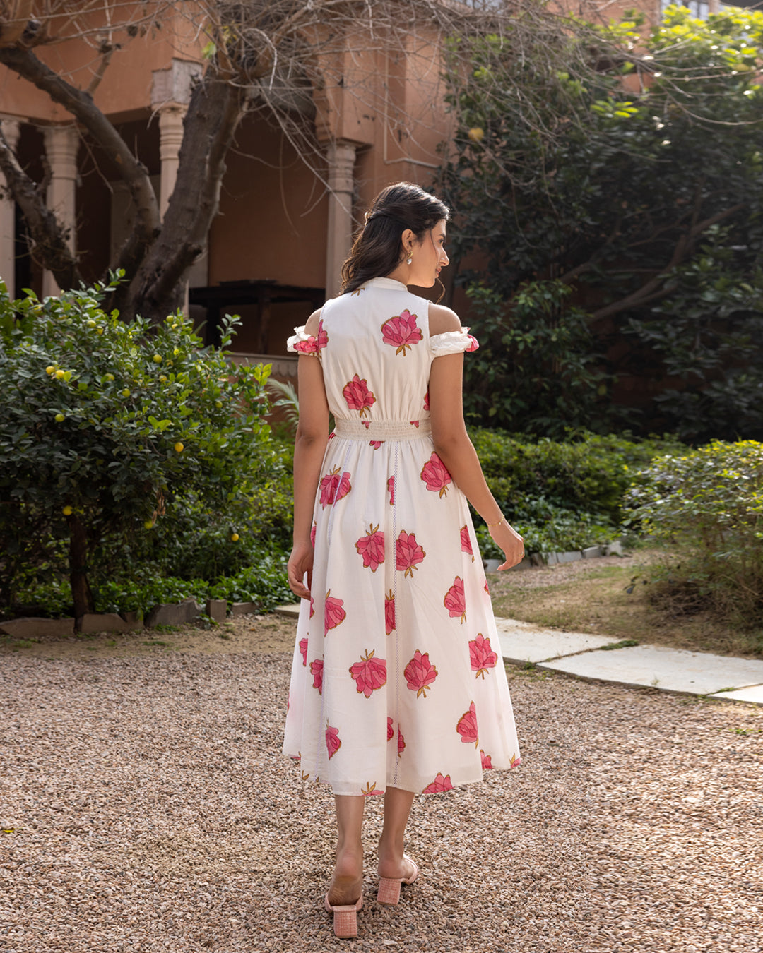 Women's White Floral Print Cotton Midi Dress