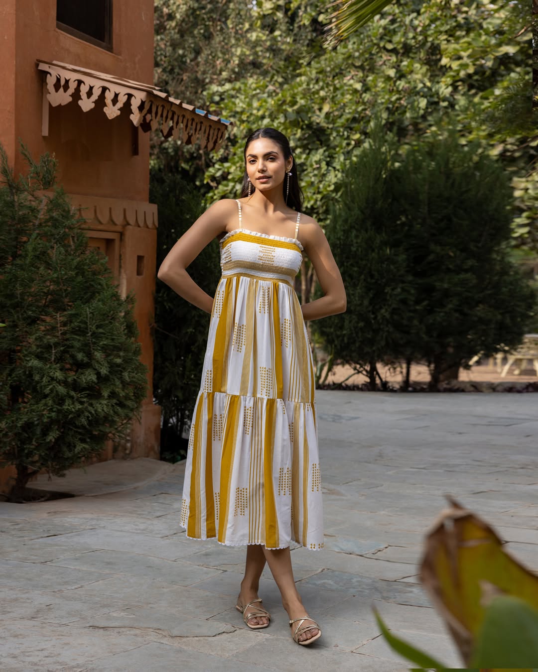 Women's Mustard Striped Cotton Midi Dress
