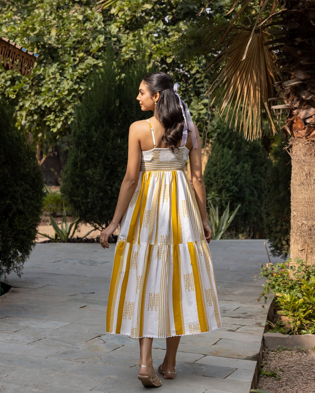 Women's Mustard Striped Cotton Midi Dress