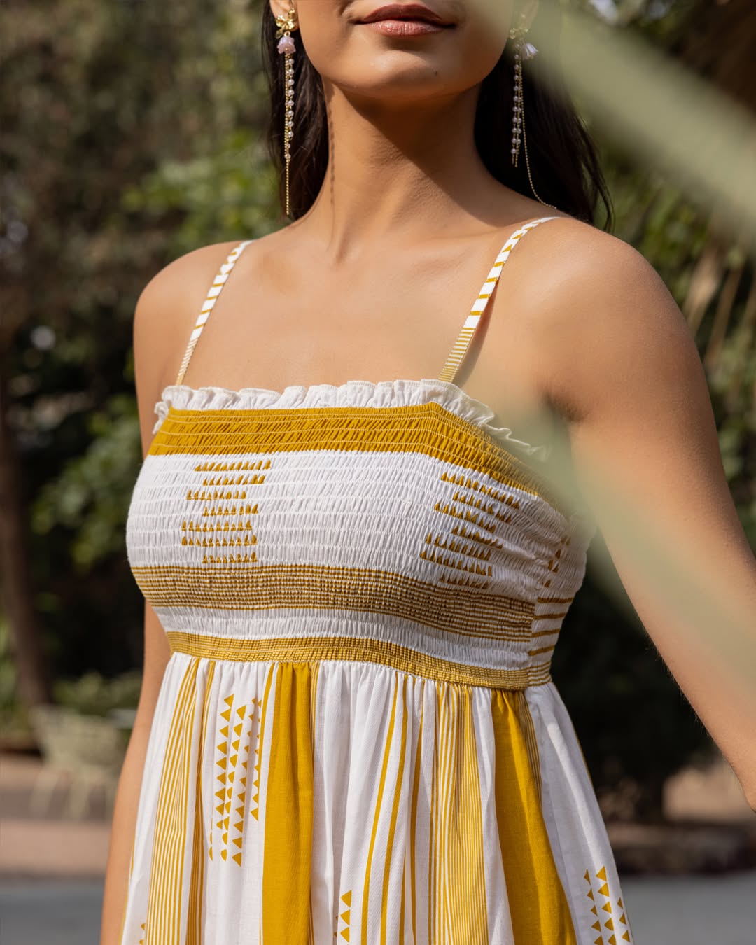 Women's Mustard Striped Cotton Midi Dress