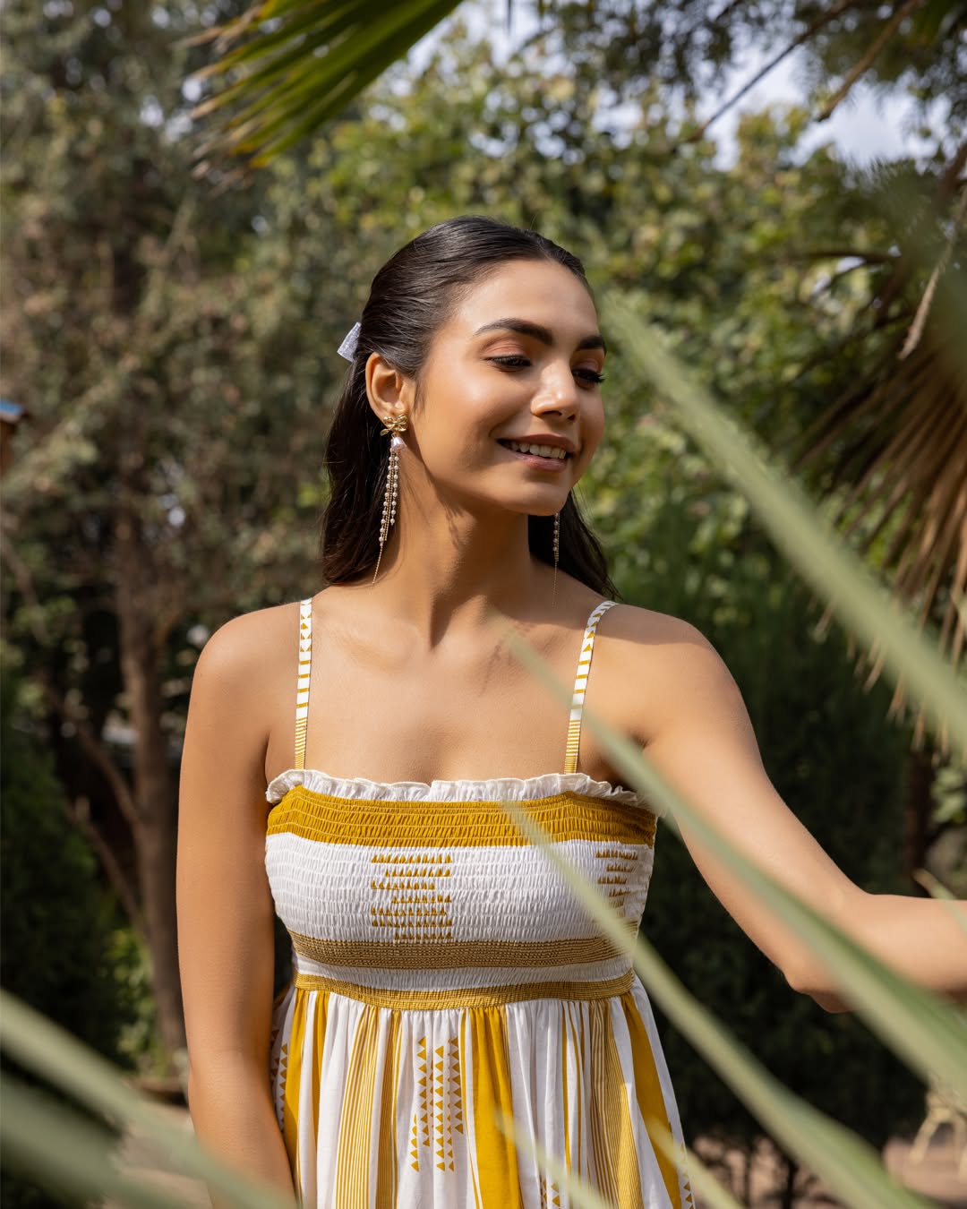 Women's Mustard Striped Cotton Midi Dress
