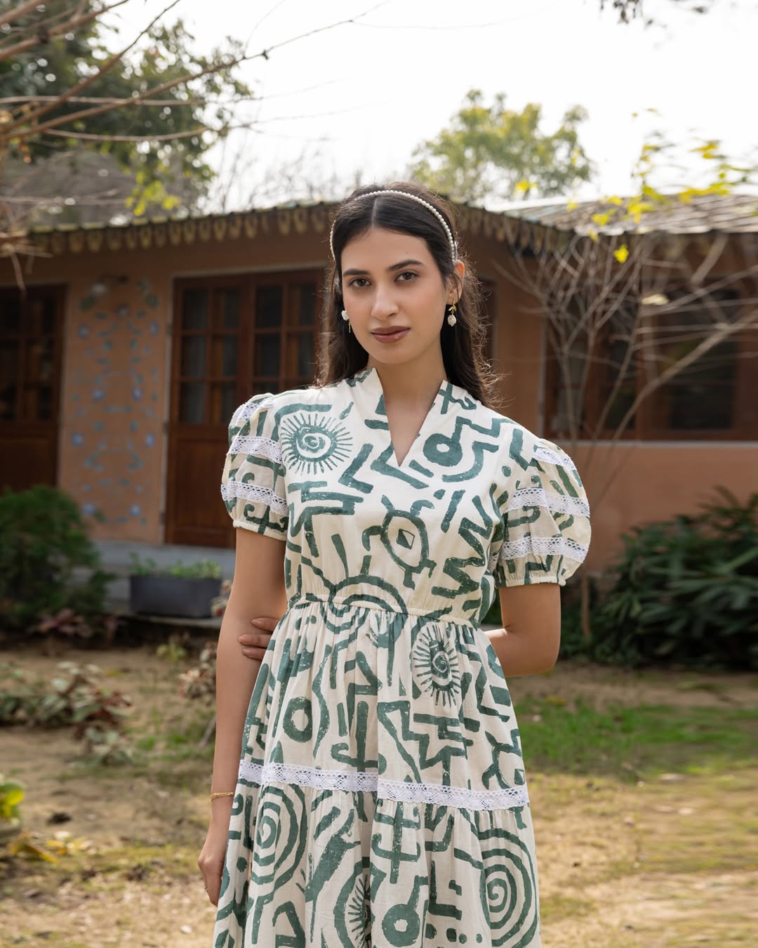 Women's Off-White Printed Cotton Midi Dress