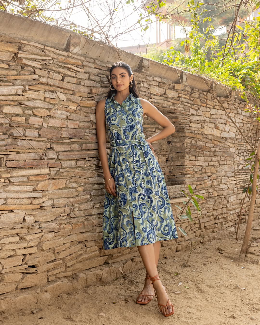 Women's Olive Green Abstract Print Cotton Midi Dress