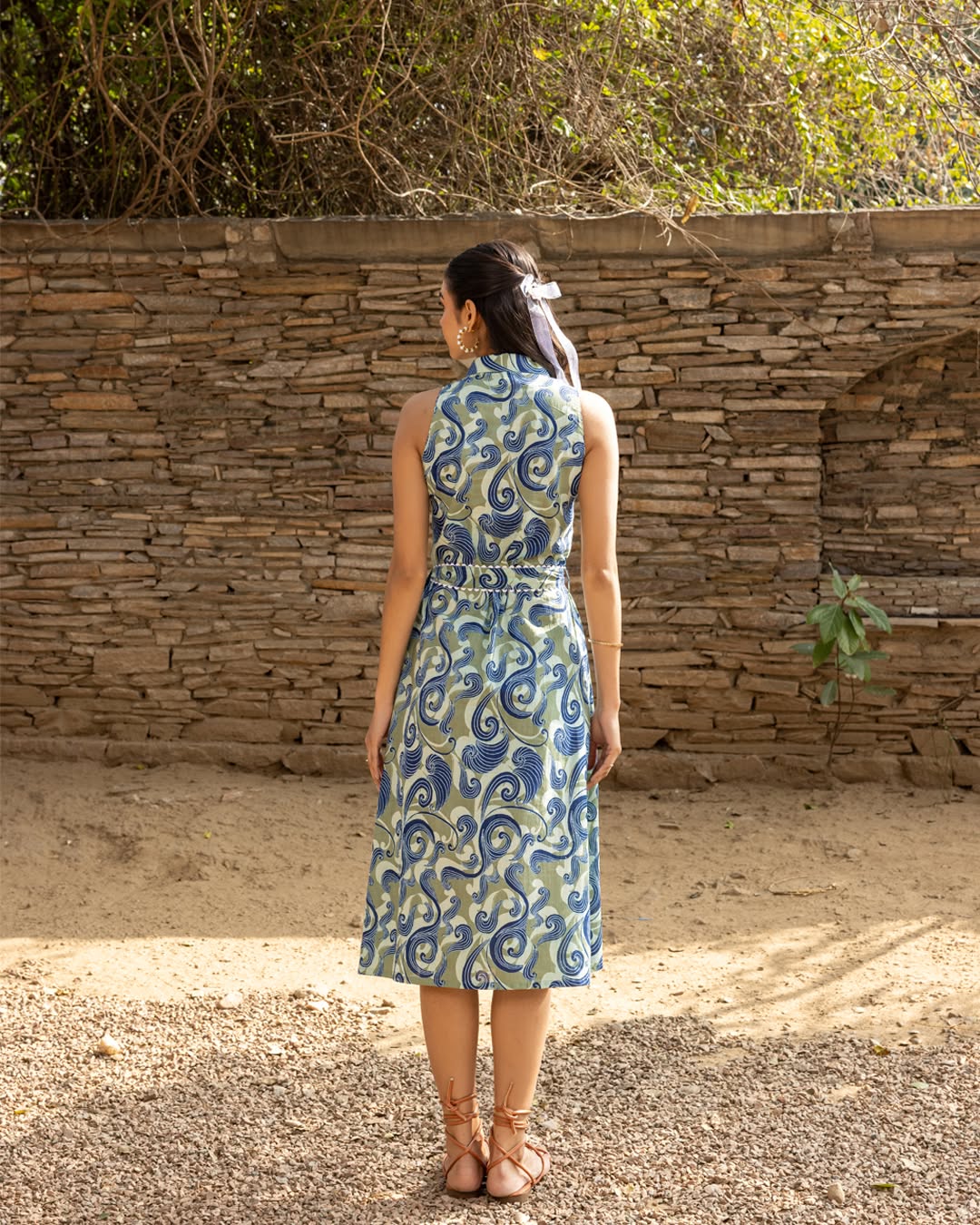 Women's Olive Green Abstract Print Cotton Midi Dress