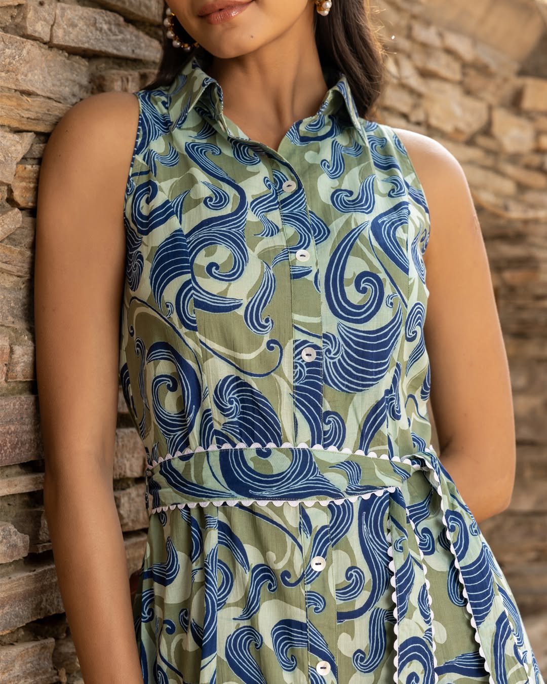 Women's Olive Green Abstract Print Cotton Midi Dress
