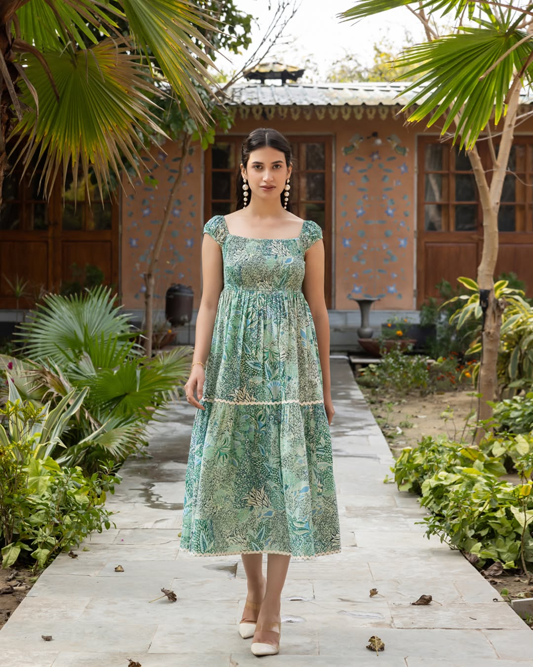 Women's Light Green Leaf Print Cotton Midi Dress
