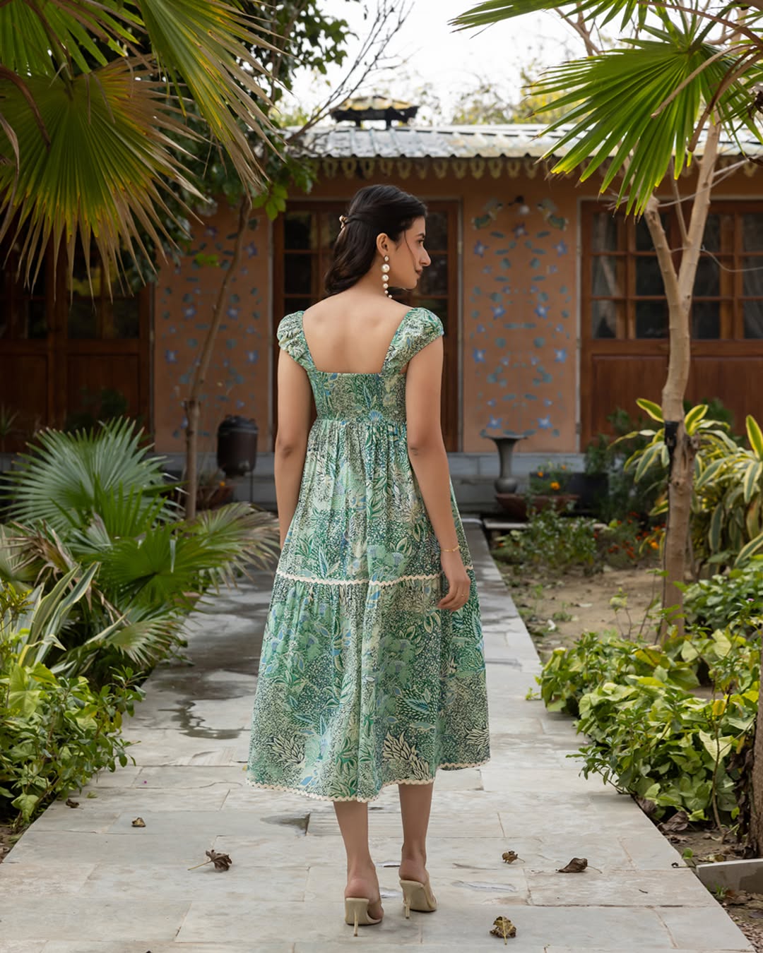 Women's Light Green Leaf Print Cotton Midi Dress