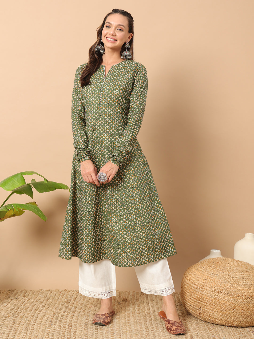 Women's A-Line Kurta in Green Cotton with Floral Design
