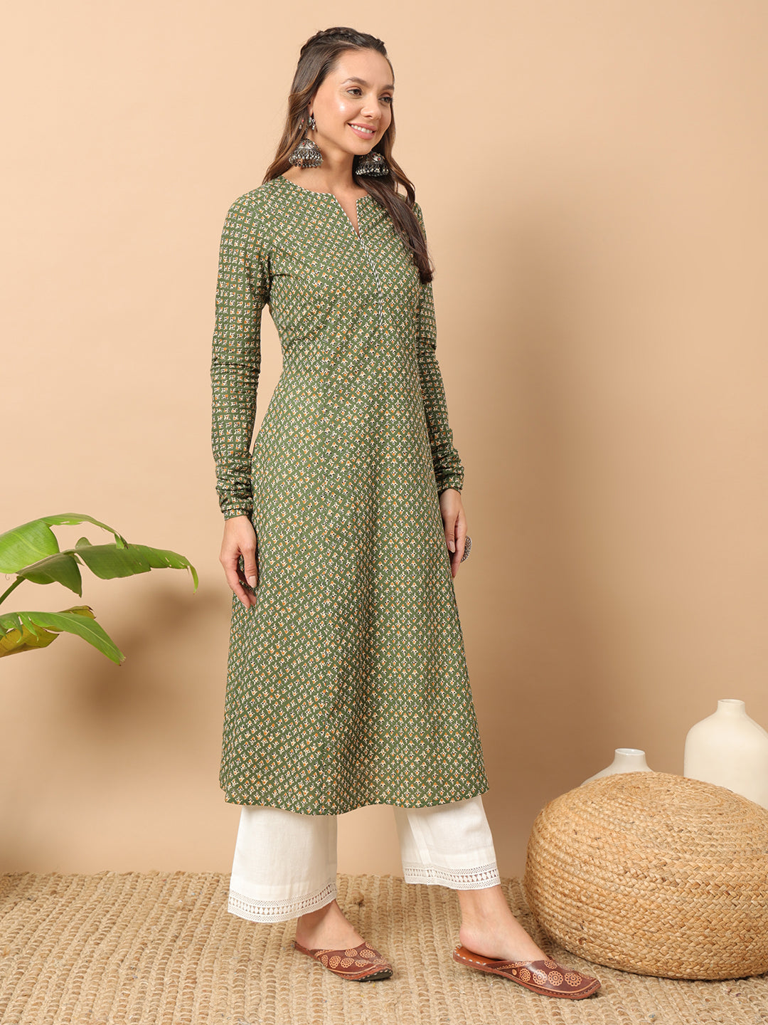 Women's A-Line Kurta in Green Cotton with Floral Design