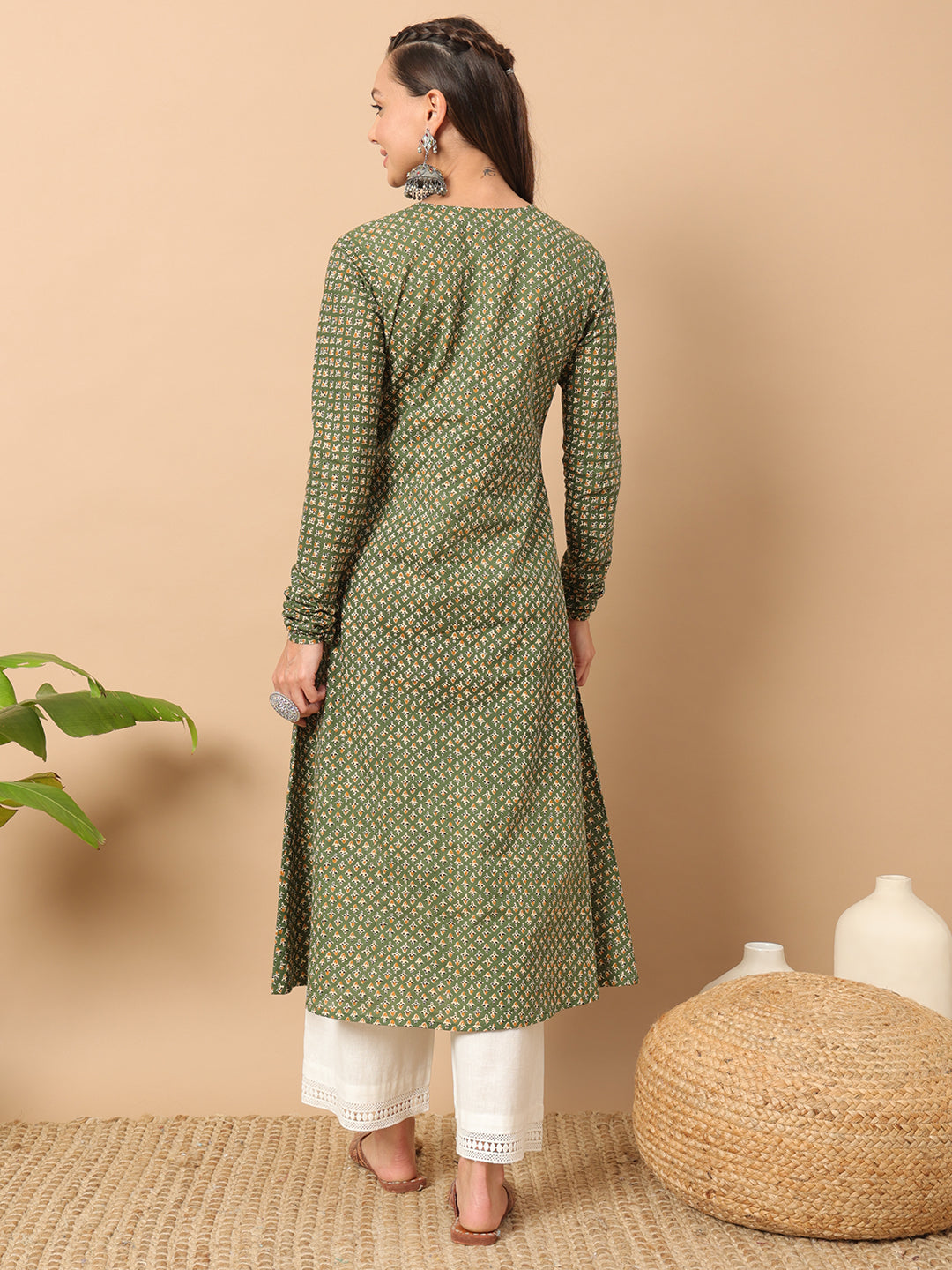 Women's A-Line Kurta in Green Cotton with Floral Design