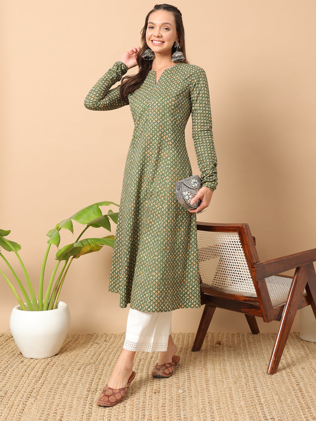 Women's A-Line Kurta in Green Cotton with Floral Design