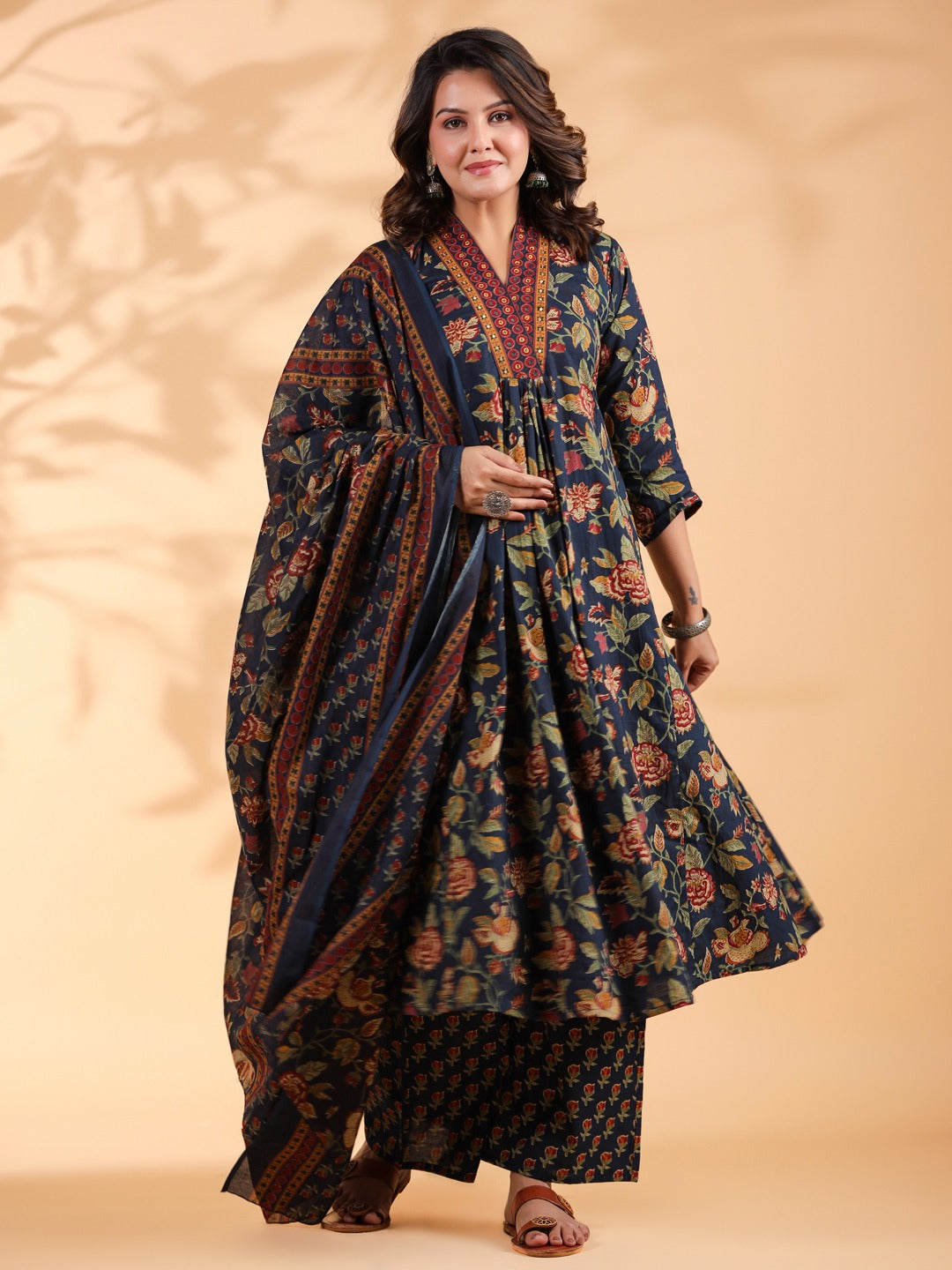 Blue Floral Print Alia Cut Cotton Stitched Kurta Set