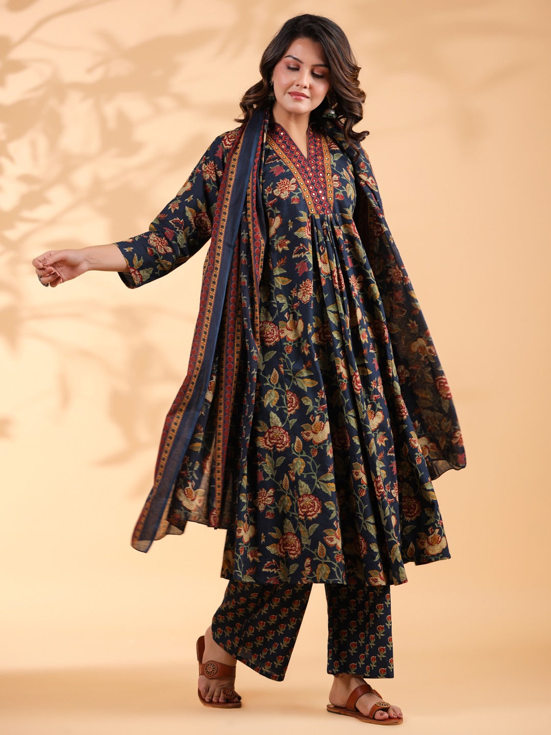 Blue Floral Print Alia Cut Cotton Stitched Kurta Set