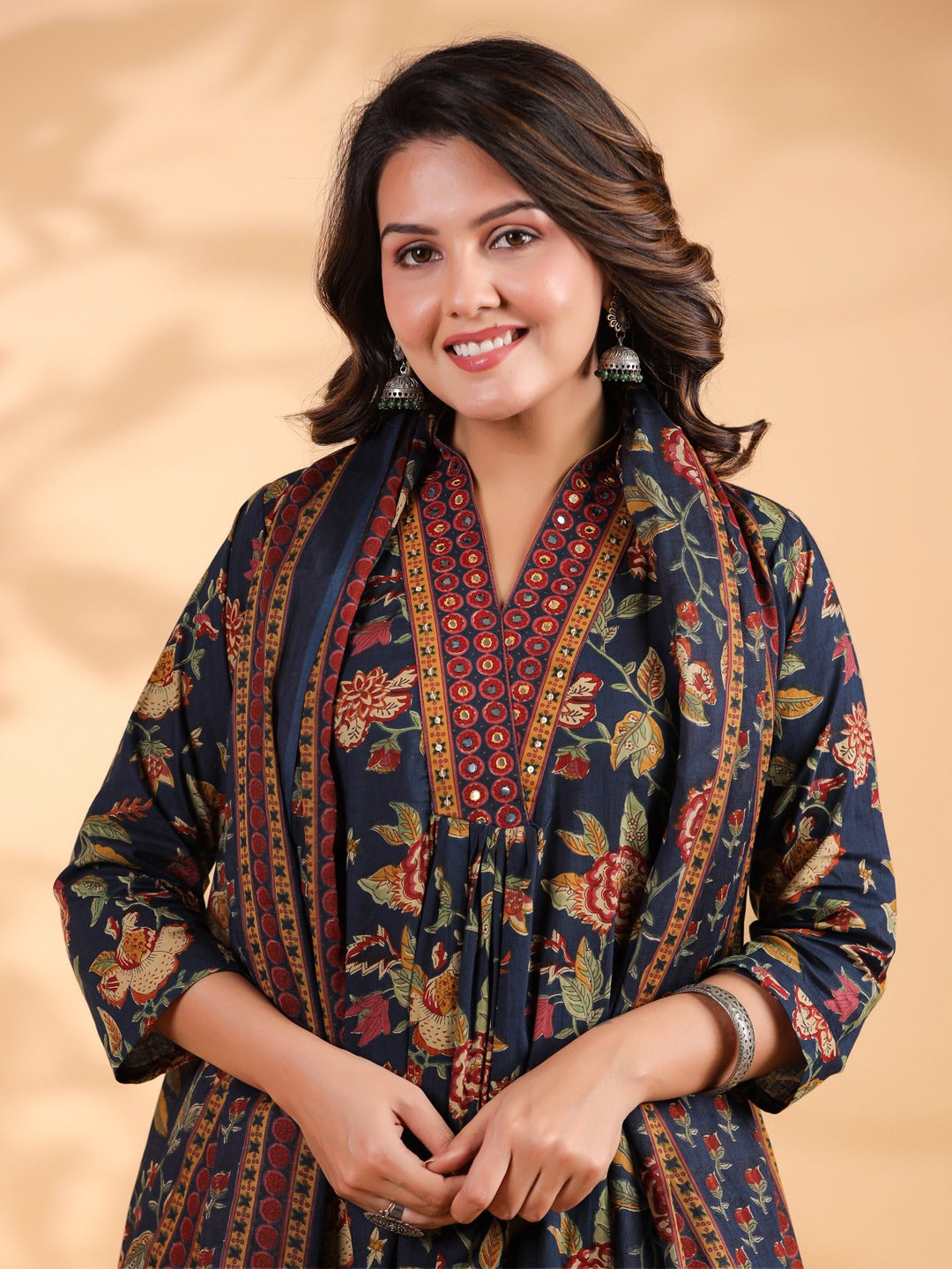 Blue Floral Print Alia Cut Cotton Stitched Kurta Set
