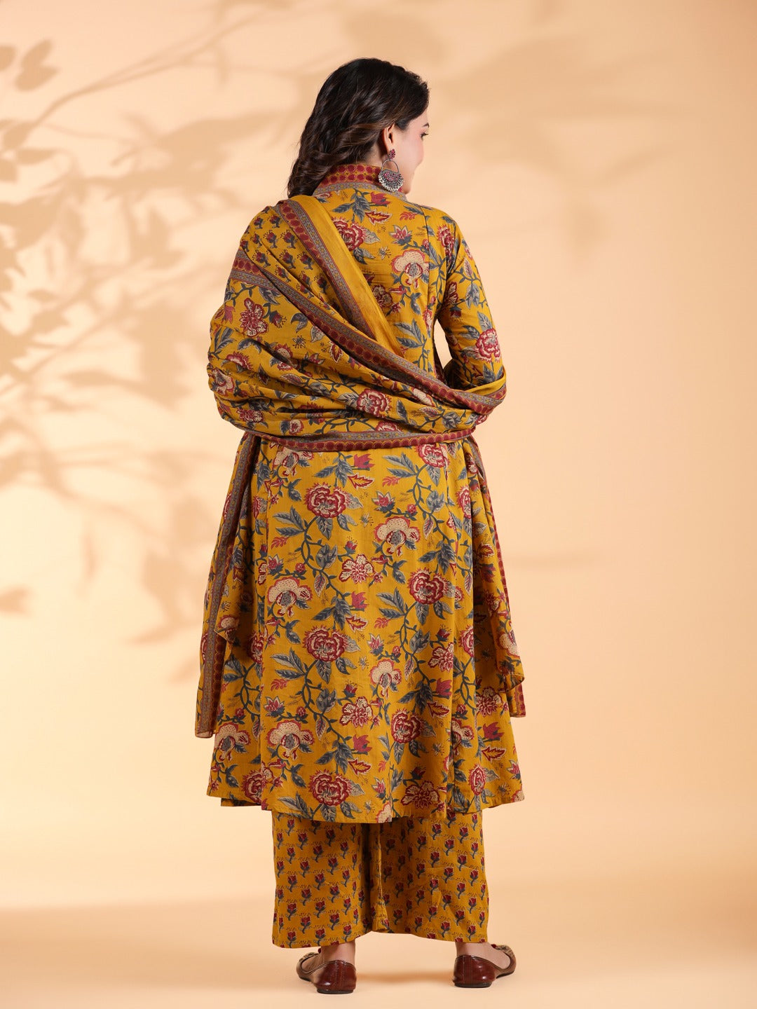 Mustard Floral Print Alia Cut Cotton Stitched Kurta Set