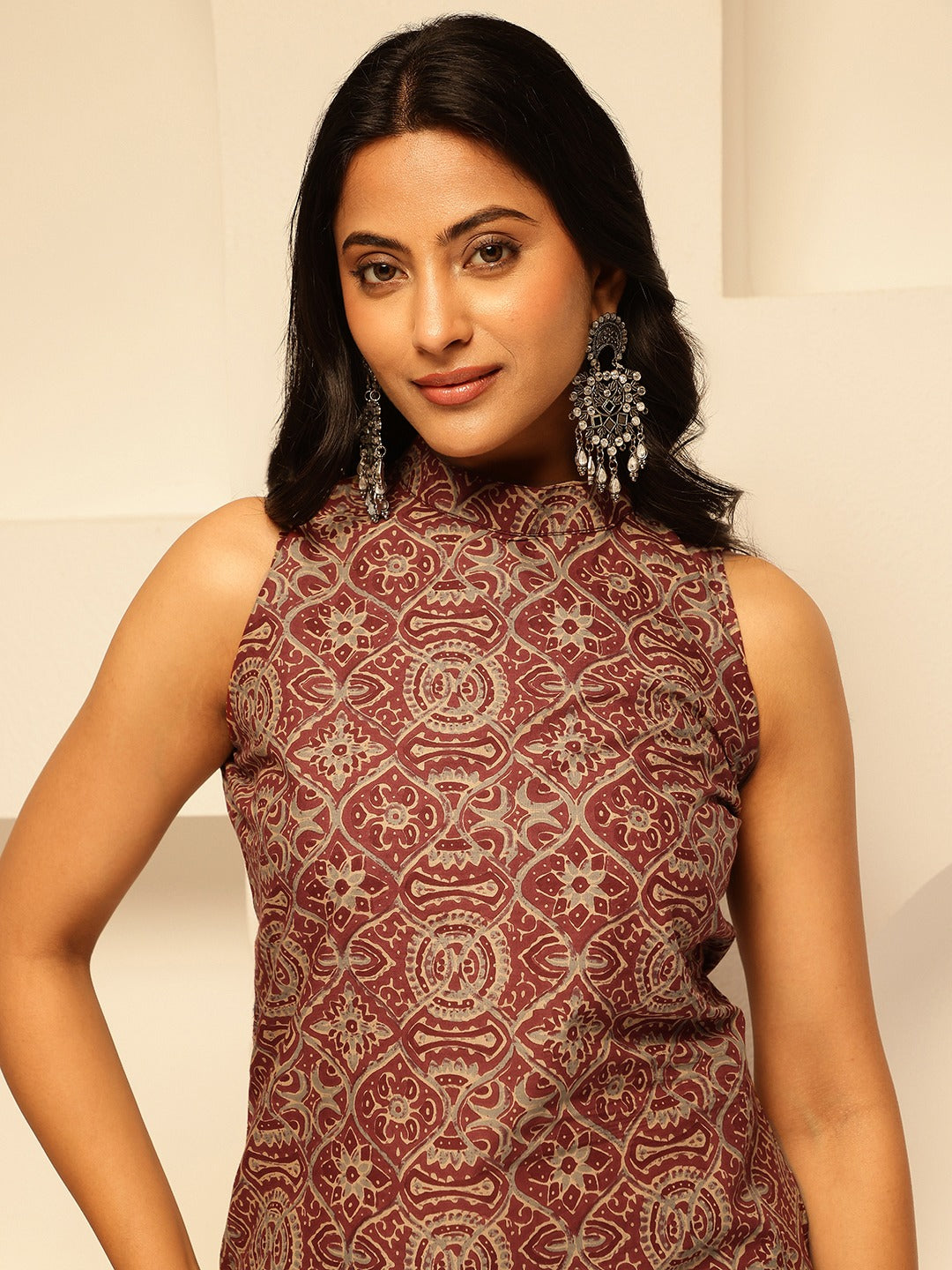 Wine Red Geometric Printed Straight Cotton Kurta