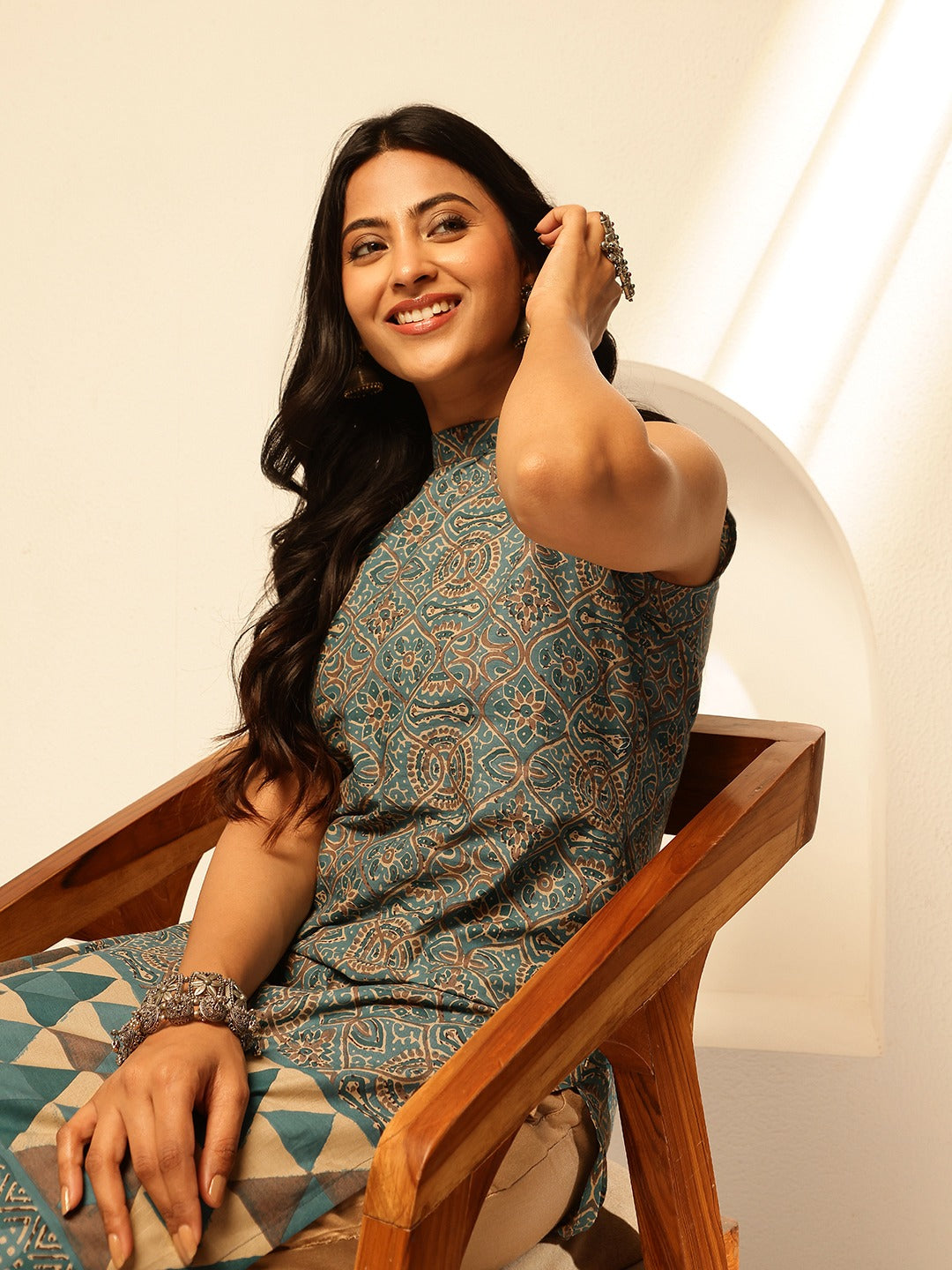 Teal Blue Geometric Printed Straight Cotton Kurta