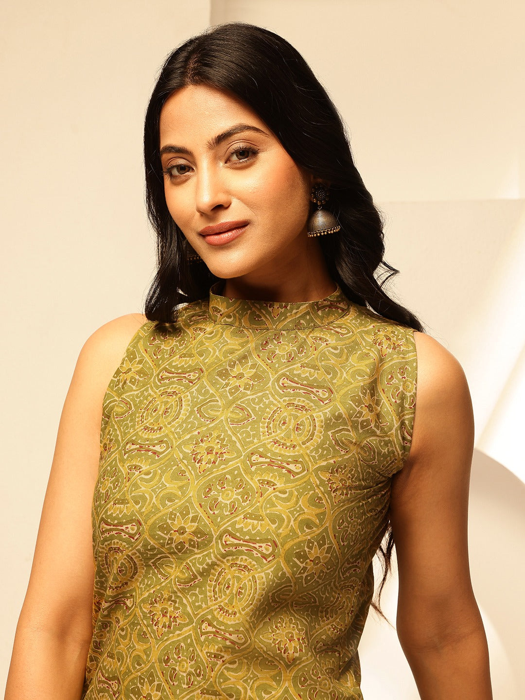 Mehndi Green Geometric Printed Straight Cotton Kurta