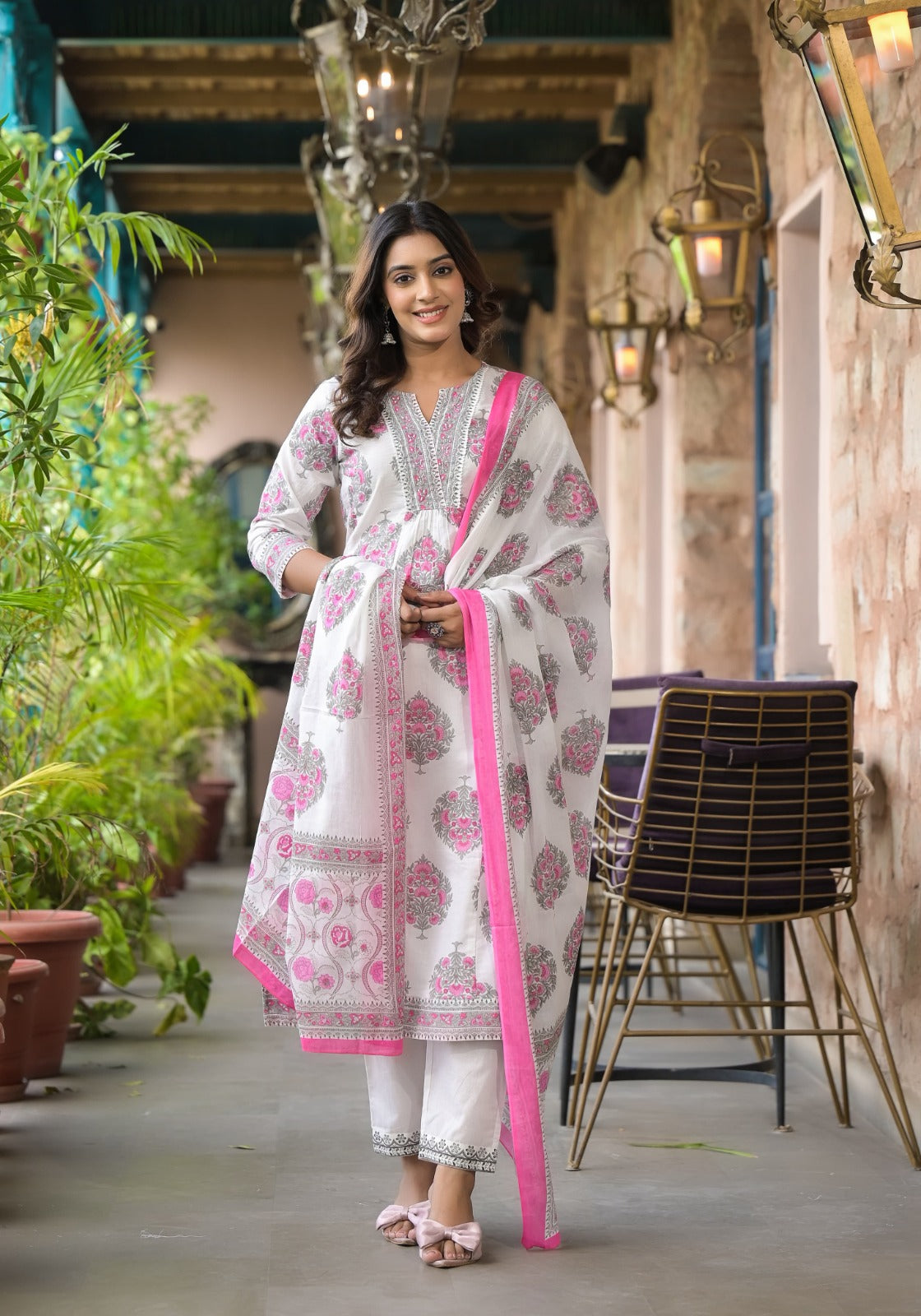 Elegant White & Pink Cotton Kurta Set with Printed Dupatta
