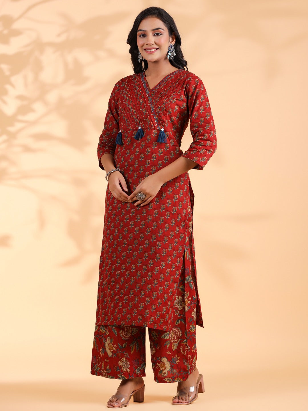 Graceful Maroon Red Floral Kurta Set with Tassel Detailing