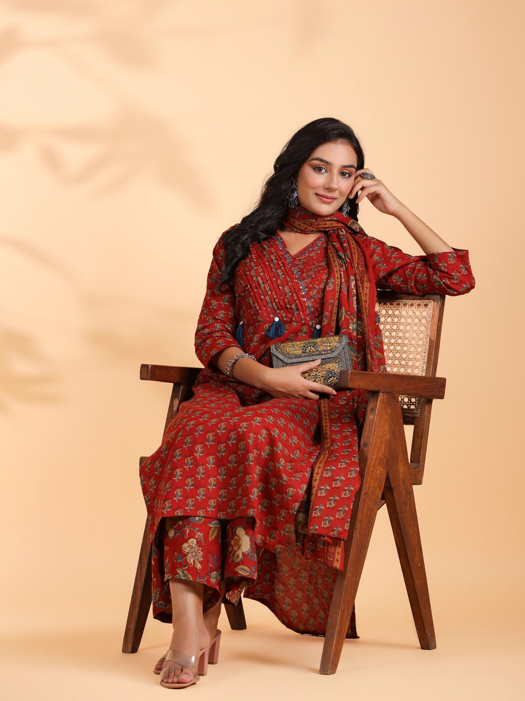 Graceful Maroon Red Floral Kurta Set with Tassel Detailing