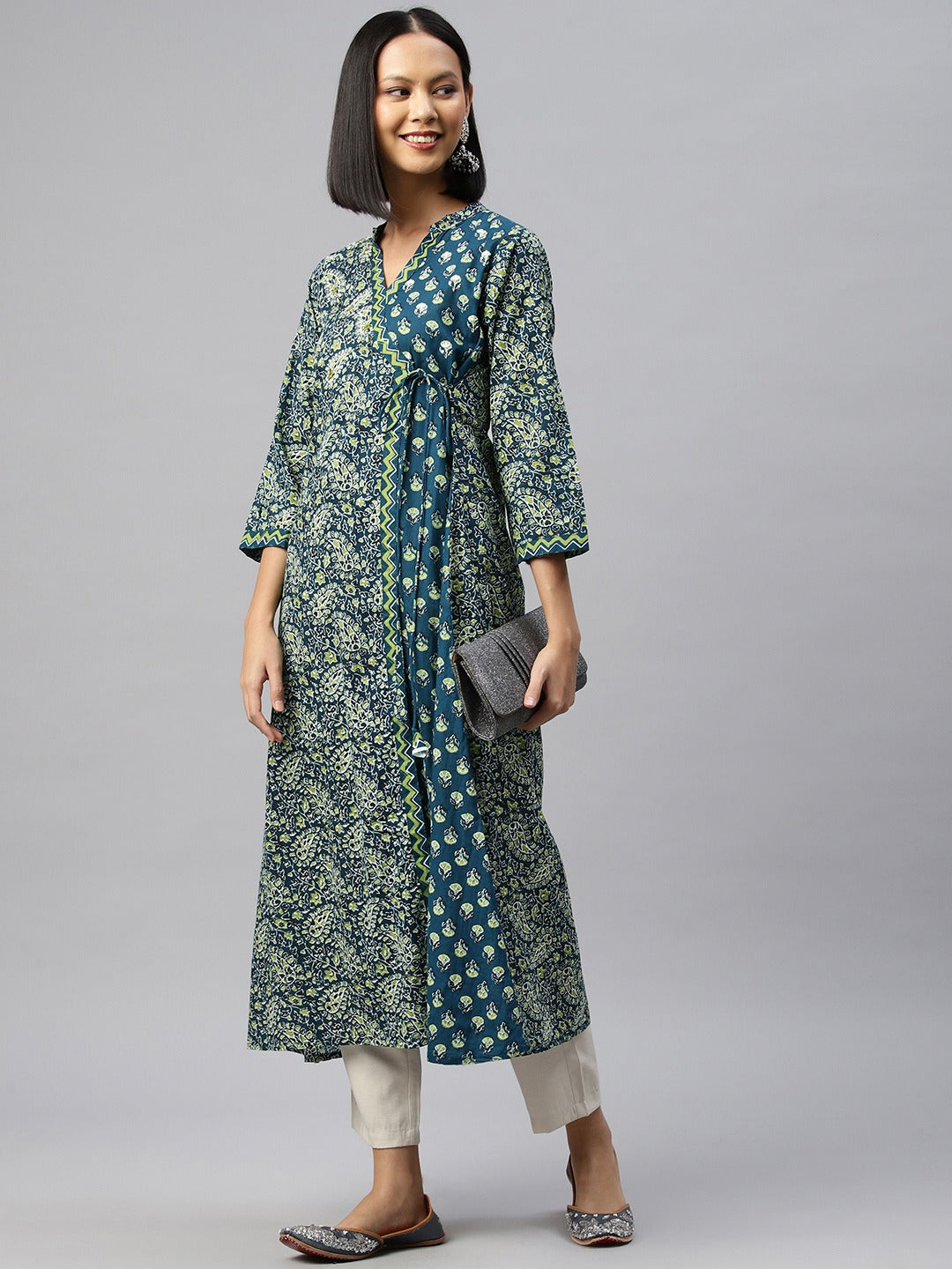 Lime Green Printed Wrap Style Cotton Kurta with 3/4th Sleeves