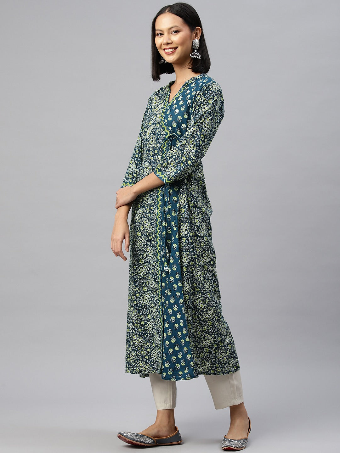 Lime Green Printed Wrap Style Cotton Kurta with 3/4th Sleeves