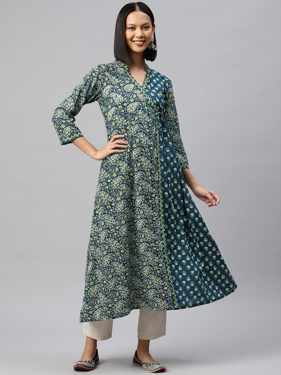Lime Green Printed Wrap Style Cotton Kurta with 3/4th Sleeves