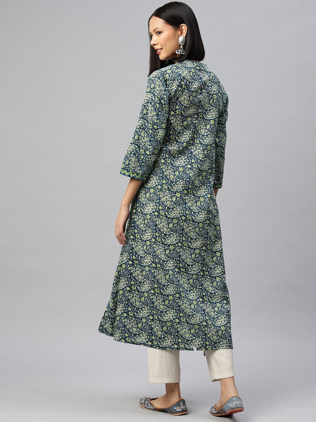 Lime Green Printed Wrap Style Cotton Kurta with 3/4th Sleeves