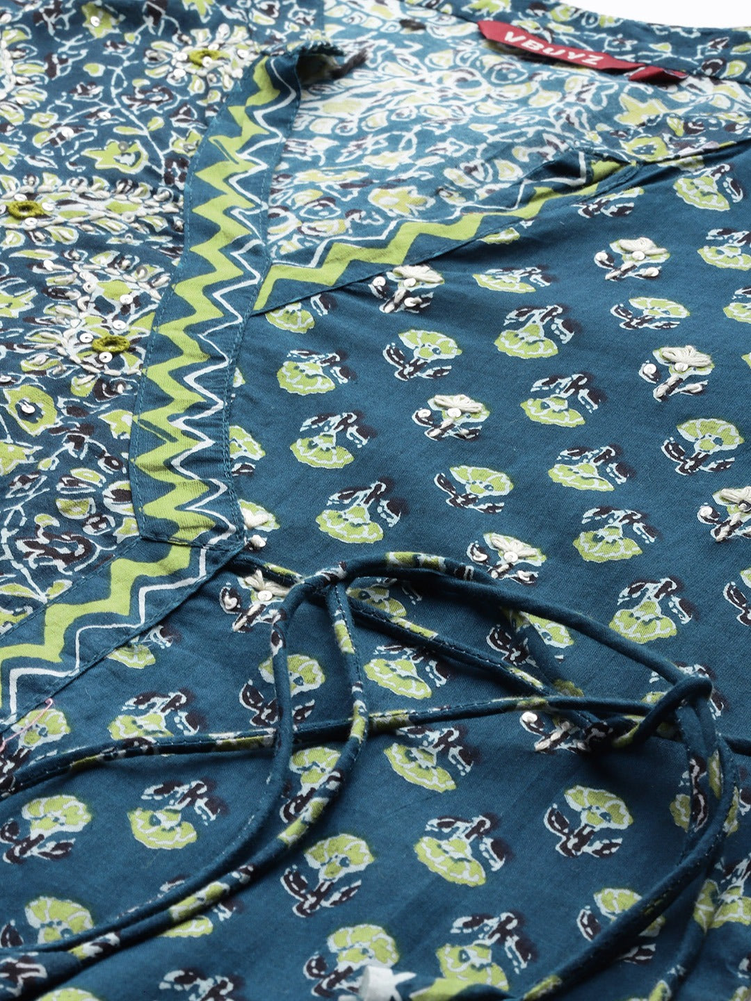 Lime Green Printed Wrap Style Cotton Kurta with 3/4th Sleeves