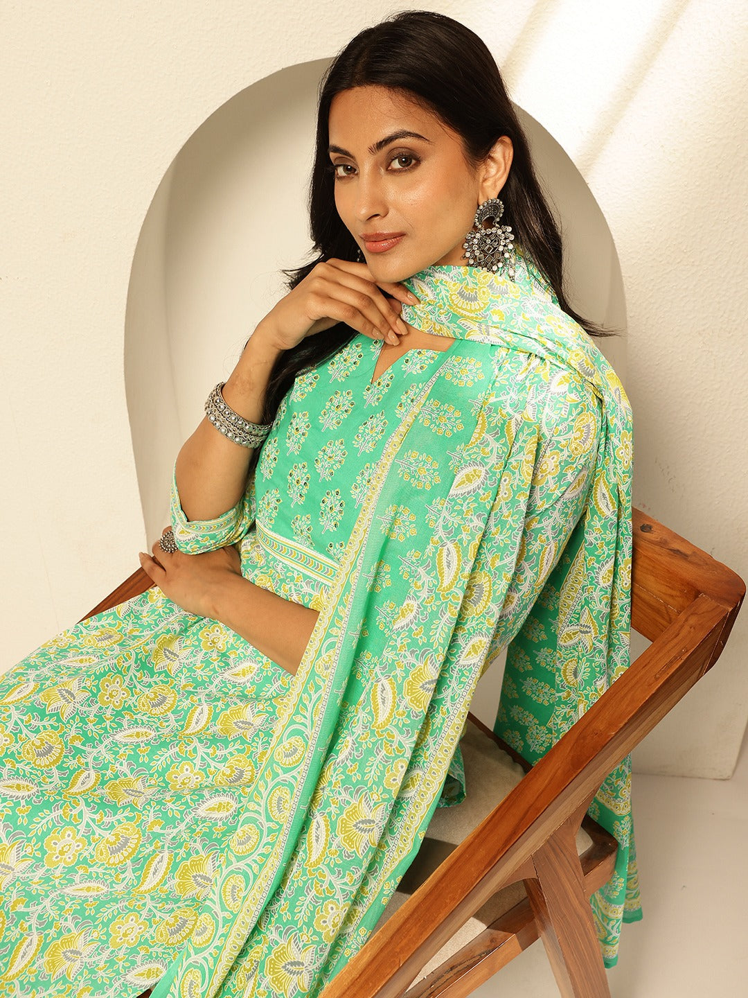 Stylish Neon Green Ethnic kurta set For Women