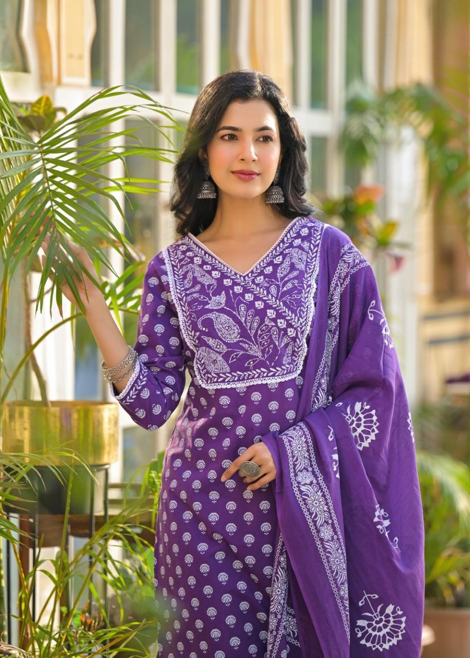 Elegant Blue Printed Cotton Kurta Set with Dupatta Pure Cotton Comfort