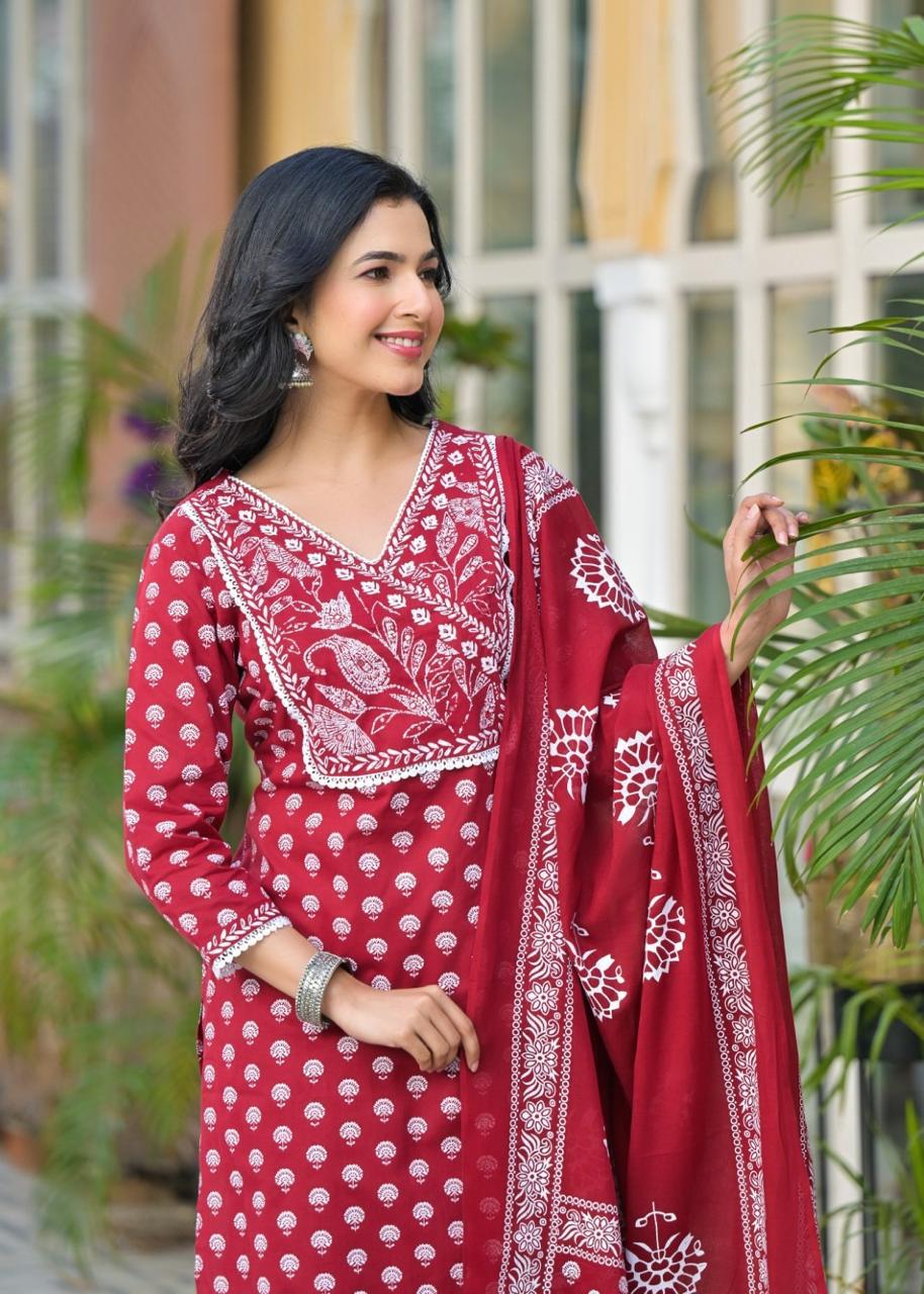 Elegant Red Printed Cotton Kurta Set with Dupatta Pure Cotton Comfort
