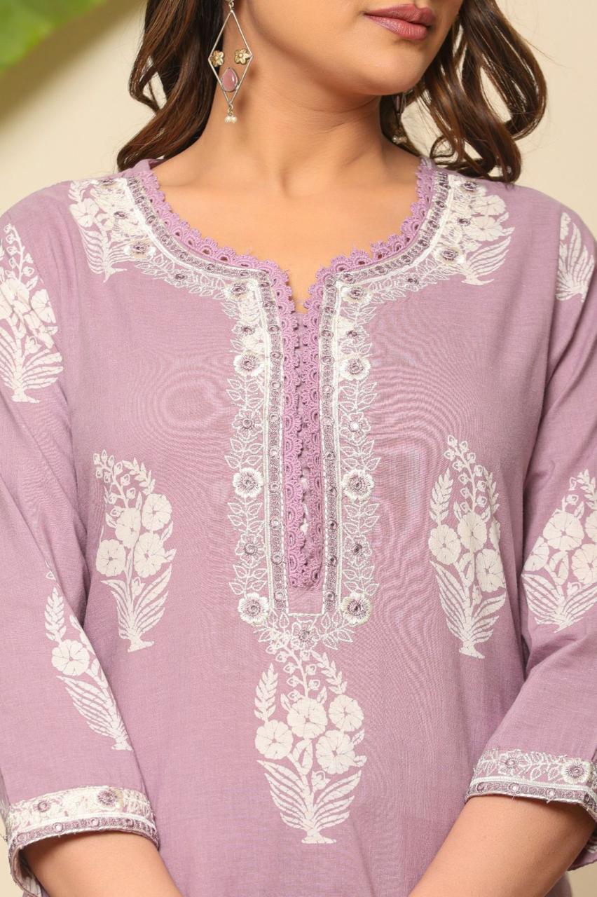 Beautiful Light Purple Printed Cotton Dress with Dupatta & Plaza Pure Cotton Comfort