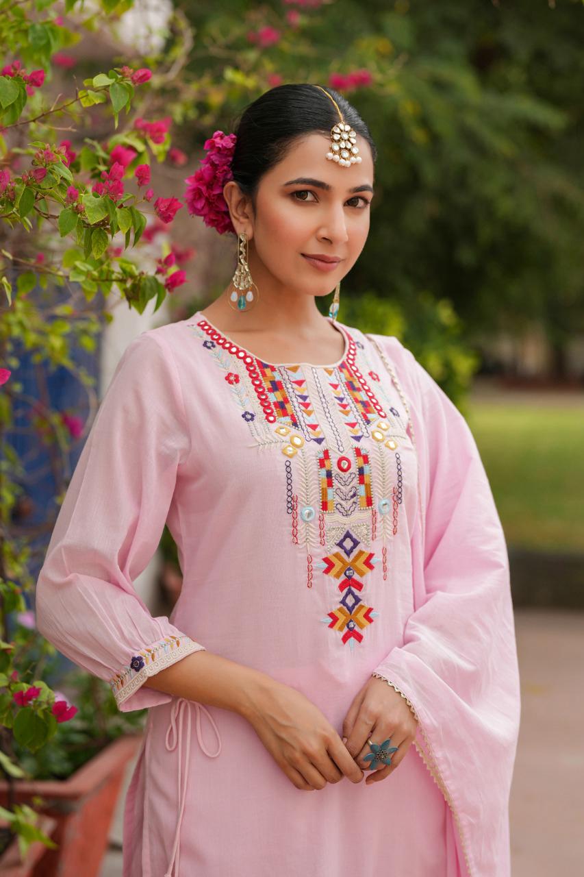 Beautiful Neon Light Pink Embroidery Cotton Dress with Dupatta & Pent Pure Cotton Comfort