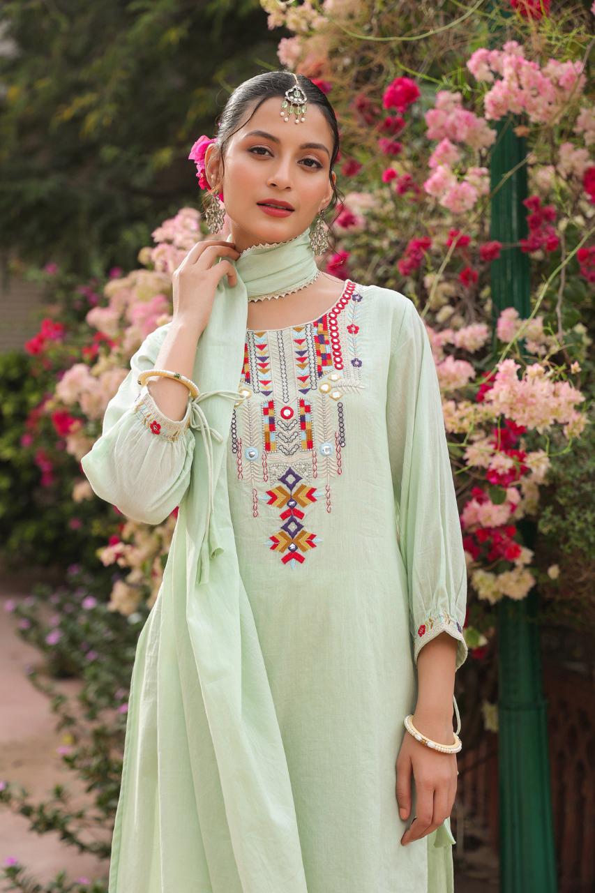 Beautiful Neon Light Green Embroidery Cotton Dress with Dupatta & Pent Pure Cotton Comfort