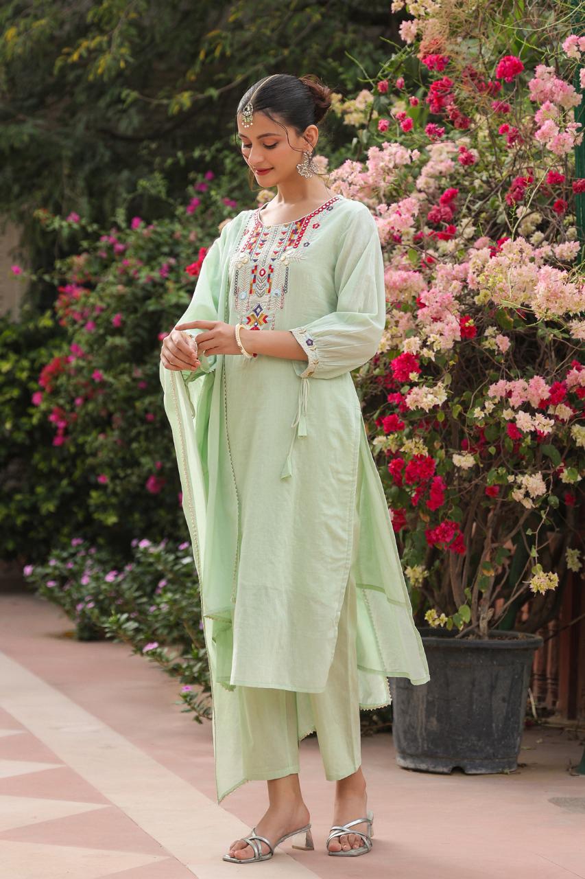 Beautiful Neon Light Green Embroidery Cotton Dress with Dupatta & Pent Pure Cotton Comfort
