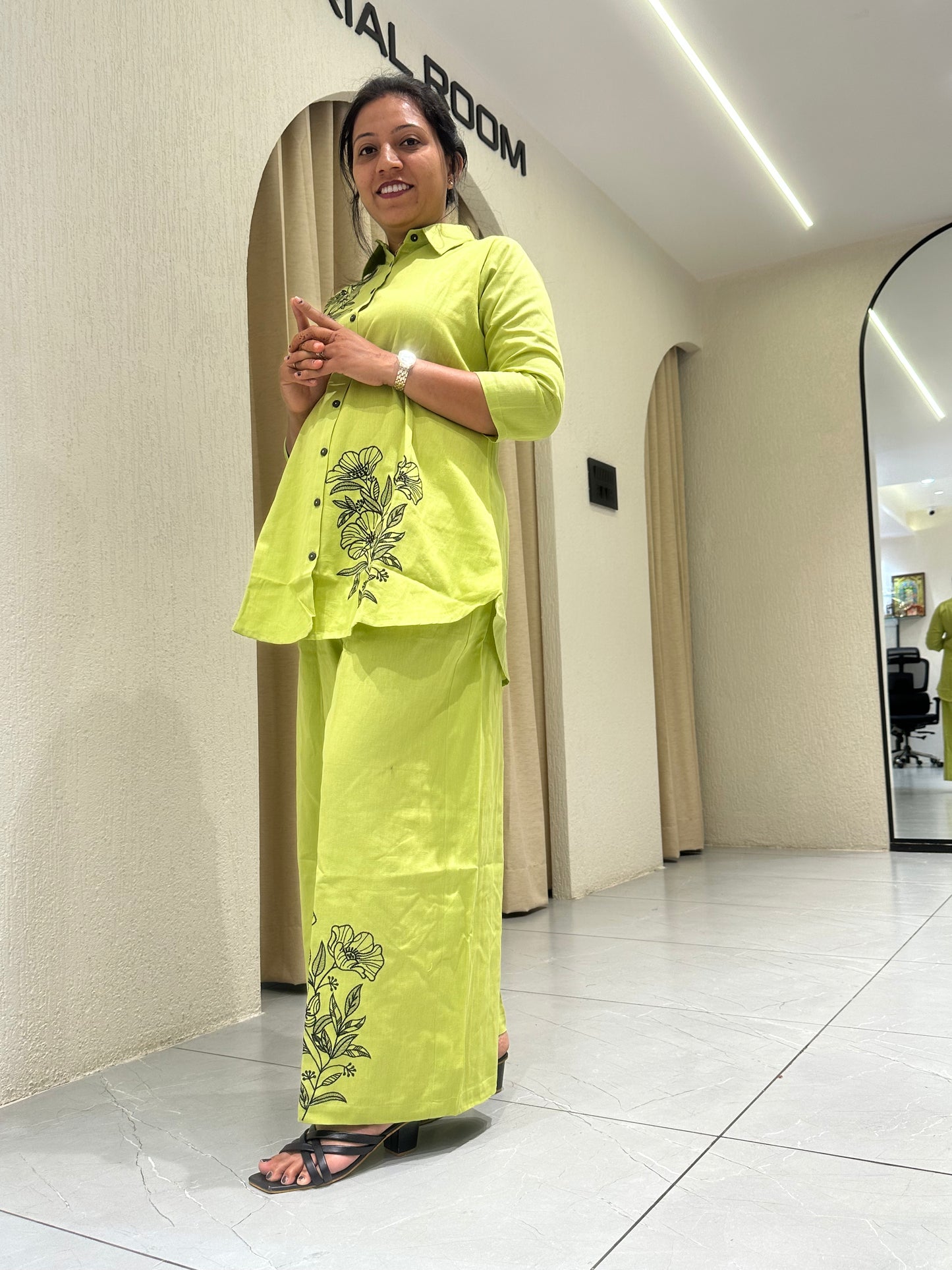 Women's Green Cotton with Embroidery Co-ord Set